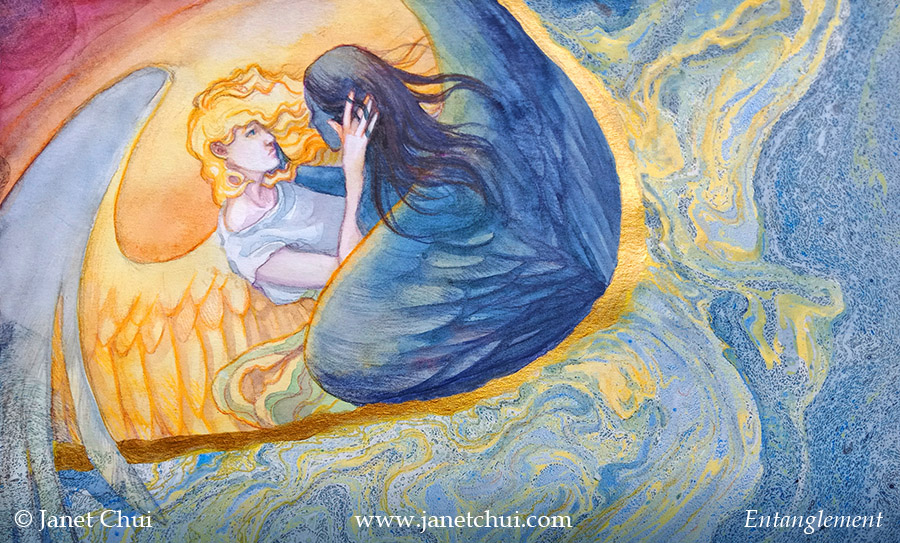 painting of two angels, with gold and marbled pigment