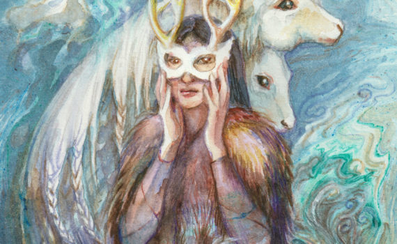 Watercolor painting of a woman putting on a mask with deer horns. Two deer are also behind her.